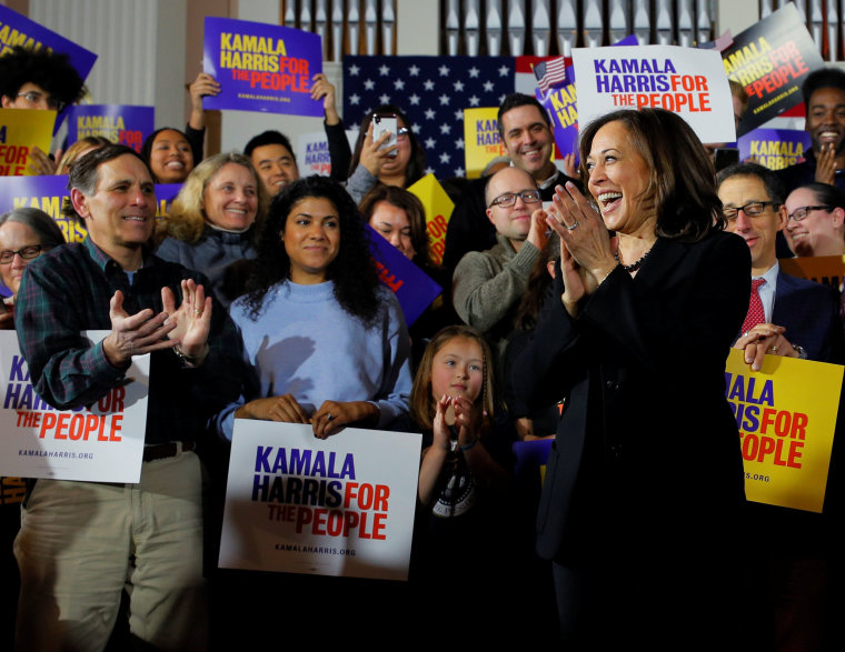 Image: Democratic 2020 U.S. presidential candidate Harris takes the stage for a campaign town hall meeting in Portsmouth
