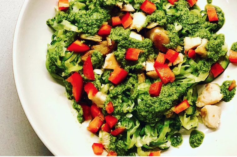 Our nutritionist recommended loading up the pasta with veggies and this cilantro pesto.