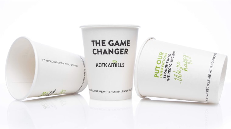 Kotkamills Oy used wood as its base material. Although the traditional Starbucks cup looks 100 percent paper made, it's filled with non-recyclable materials. Kotkamills Oy calls its solution "The Game Changer Cup."
