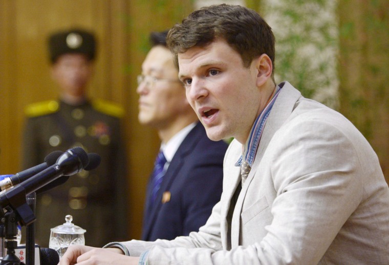 Image: Otto Warmbier attends a new conference in Pyongyang North Korea