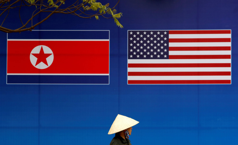 Image: A banner showing North Korean and U.S. flags ahead of the this weeks summit in Hanoi