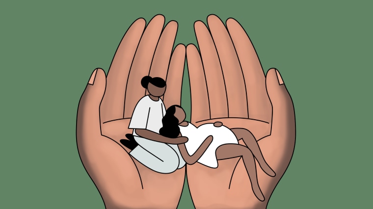 Illustration of a doula and pregnant woman on opened palms.