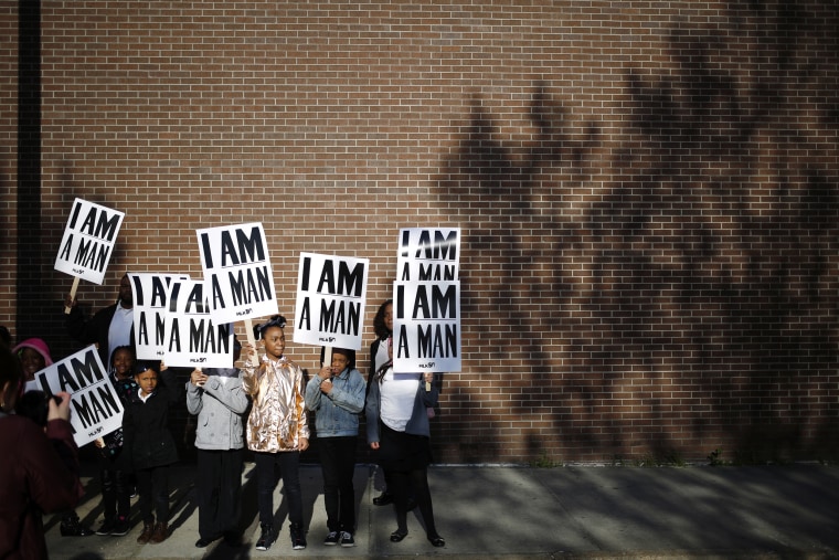 Image: Students reenact the 1968 sanitation workers strike to commemorate Martin Luther King Jr. in Memphis, Tennessee, on April 4, 2018.