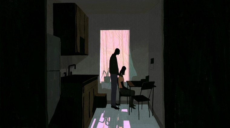 Illustration of an older man and young girl standing in kitchen.