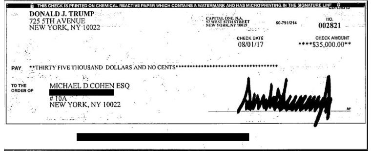 Image: A check signed by President Donald Trump for $35,000 on Aug. 1, 2017.