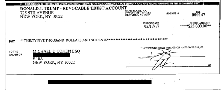 Image: A check signed by Donald Trump, Jr., and Trump Organization COO Allen Weisselberg for $35,000 on March 1, 2017.