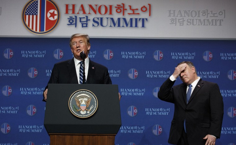 Image: President Donald Trump speaks as Sec. of State Mike Pompeo looks on during a news conference after a summit with North Korean leader Kim Jong Un,