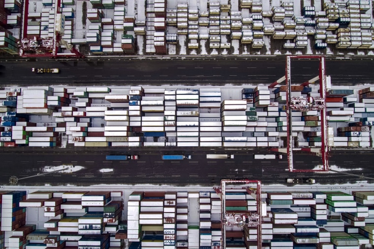 Image: Containers docked at a port in China's Shandong province on Feb. 14, 2019.