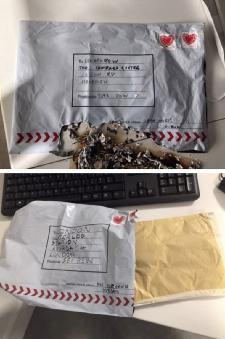 Photos obtained by Sky News are said to show two of the three packages found in London on March 5 that were rigged as improvised explosive devices. Photos have not been independently verified by NBC News.