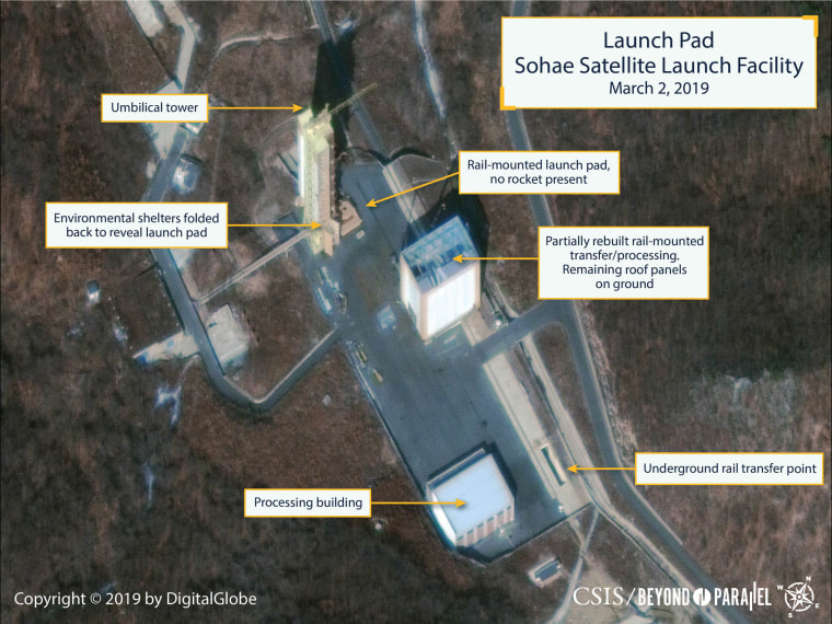 A March 2 photo of the Sohae Satellite Launching Station, North Korea's only operational space launch facility, shows rapid rebuilding, say researchers from Beyond Parallel. "This renewed activity, taken just two days after the inconclusive Hanoi Summit between President Donald Trump and North Korean leader Kim Jong Un, may indicate North Korean plans to demonstrate resolve in the face of U.S. rejection of North Korea's demands at the summit to lift five UN Security Council sanctions enacted in 2016-2017," said the analysts. 
