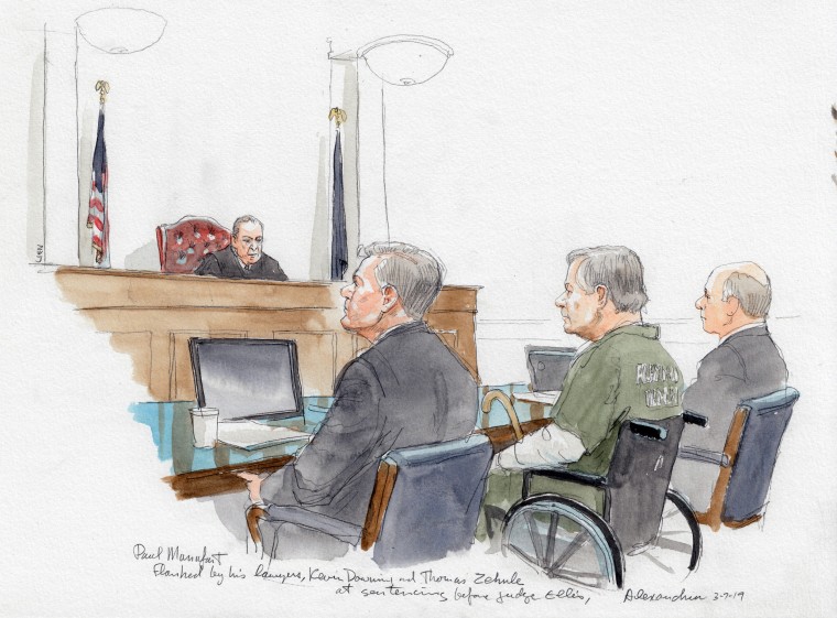 A courtroom sketch of shows Paul Manafort seated in a wheelchair during his sentencing in Virginia federal court yesterday.  