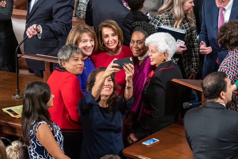 Rep. Veronica Escobar, D-Texas, snaps a selfie while on the House floor with other women in Congress including House Majority Leader Nancy Pelosi, D-California.