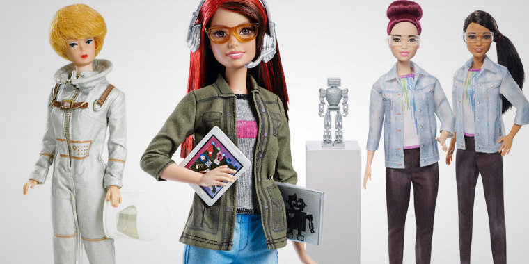From left, Barbie Astronaut from 1965, and two of the more recent iterations of Barbie, Robotics Barbie and Video Game Developer Barbie.