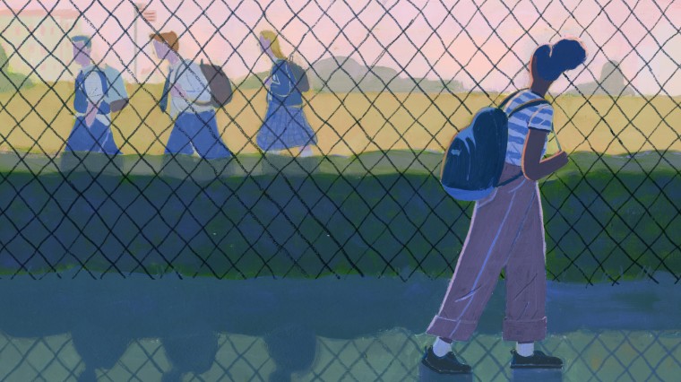 Image: Illustration of black student looking through fence at group of white students