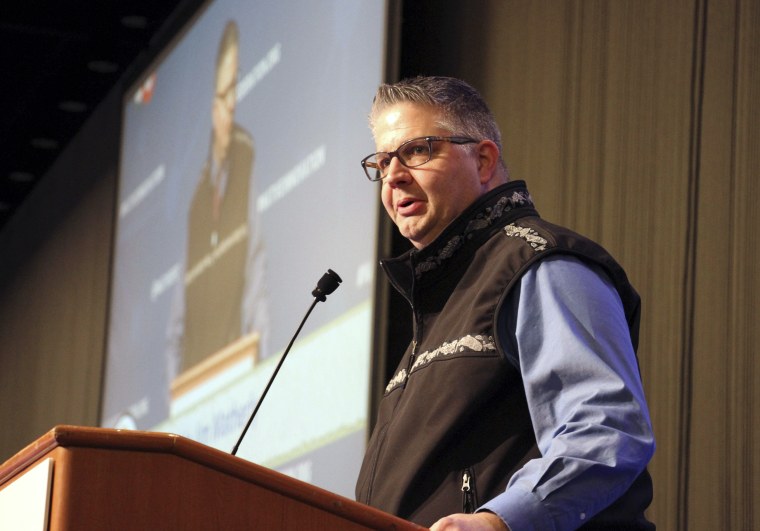 Image: Fairbanks Mayor Jim Matherly addresses a conference in Anchorage, Alaska, on Oct. 18, 2018.