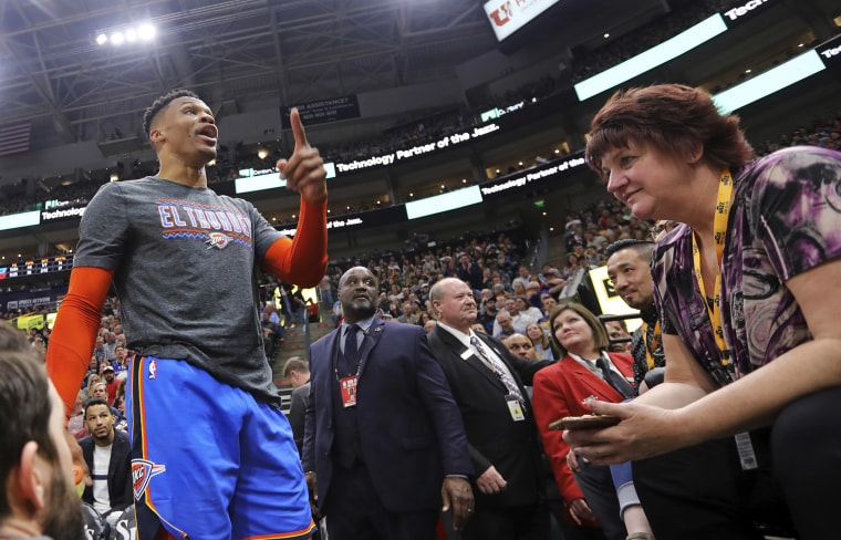 Image: Oklahoma City Thunder's Russell Westbrook gets into a heated verbal altercation with fans in the first half of an NBA basketball game against the Utah Jazz