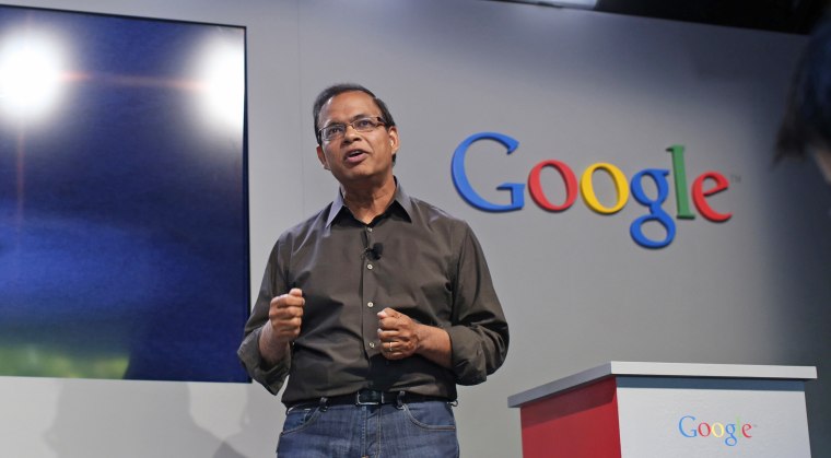 Singhal, senior vice president of search at Google, introduces the new 'Hummingbird' search algorithm  at the garage where the company was founded on Google's 15th anniversary in Menlo Park, California