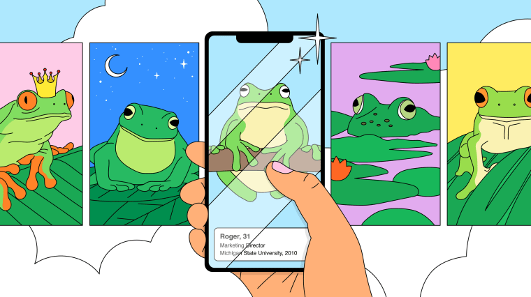 Illustration of hand swiping through frog dating profiles.