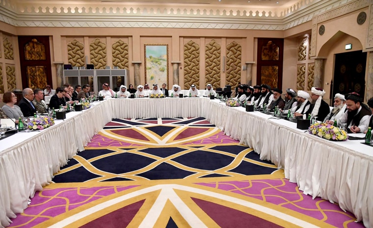 Image: Qatari officials take part in meeting between U.S. special envoy Zalmay Khalilzad, the U.S. delegation, Sher Mohammad Abbas Stanikzai and the Taliban delegation, in Doha on on Feb. 26, 2019.