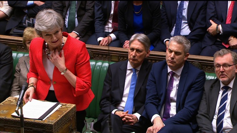 Image: Britain's Prime Minister Theresa May speaking to the house after losing the second meaningful vote on the government's Brexit deal