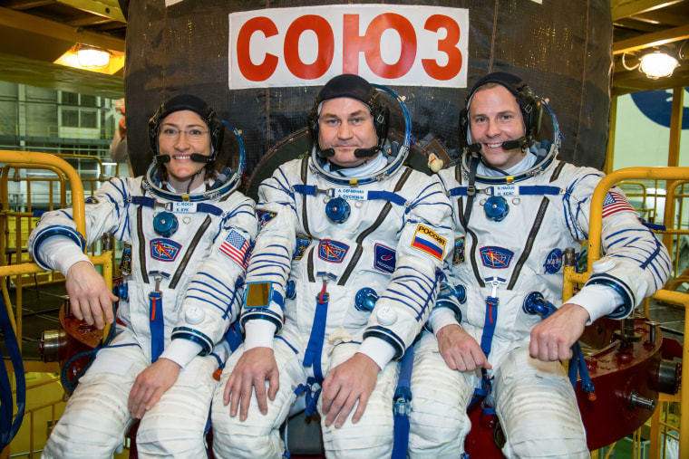 From left, Christina Koch, Alexey Ovchinin and Nick Hague during training for a trip to the International Space Station.