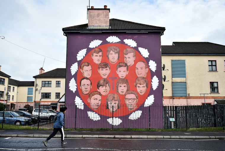 A mural depicting the 14 people who lost their lives on Bloody Sunday in Londonderry, Northern Ireland.