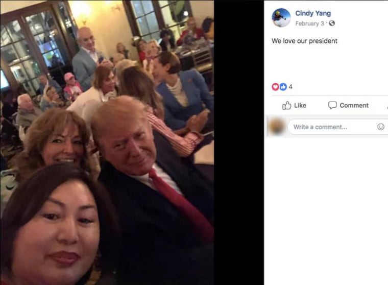 First reported by the Miami Herald, a photo on the Facebook page of Li Yang showed her posing with President Donald Trump at a Super Bowl watch party at the president's West Palm Beach country club.