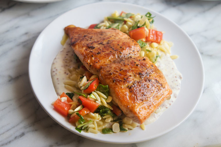 Pan Roasted Salmon with Orzo Succotash