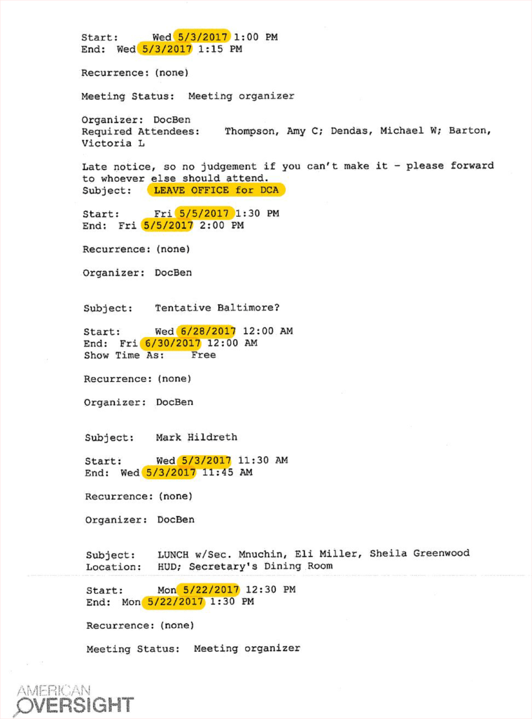 A page from one of the three calendars for HUD Secretary Ben Carson provided to the watchdog group American Oversight as the result of a federal lawsuit.