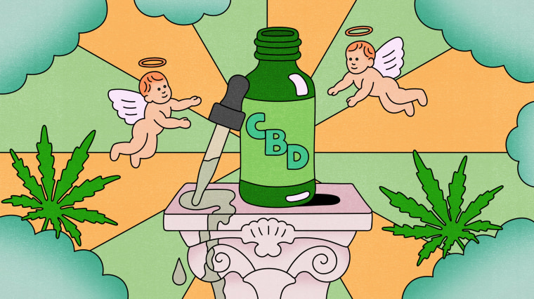 Illustration of a vial of CBD oil on a pedestal surrounded by angels and marijuana leaves.