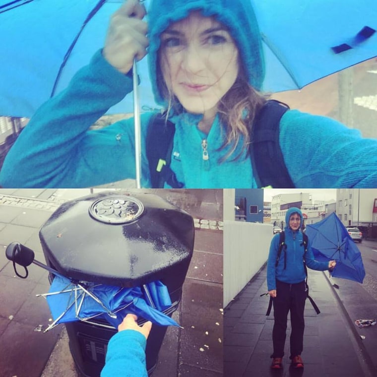 Katie Jackson in Iceland with broken umbrella #17.