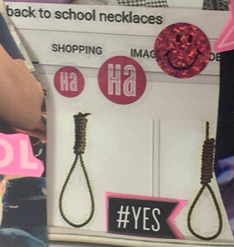 Image: A photo displayed inside a classroom shows two nooses labeled "back to school necklaces" at Roosevelt Middle School in New York on Feb. 7, 2019.
