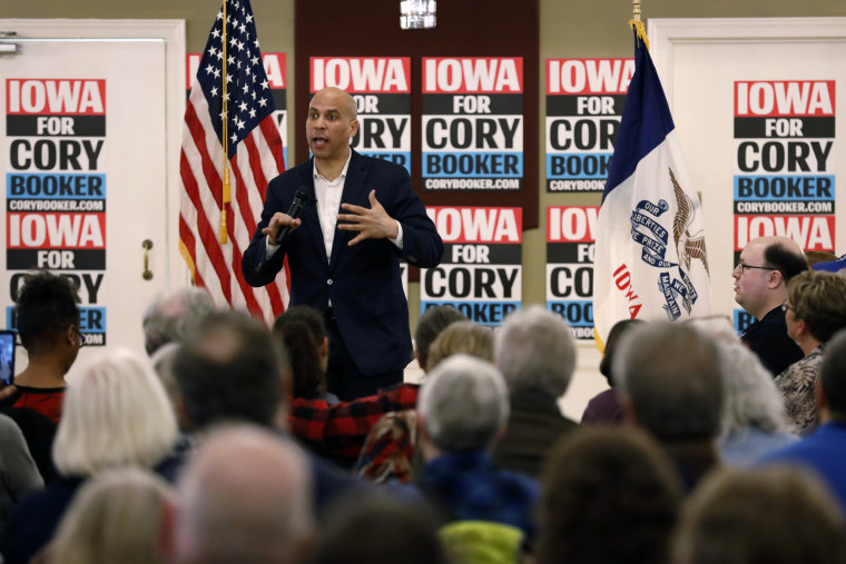 Image: Sen. Cory Booker speaks during a meeting with local residents during a campaign event in Ottumwa, Iowa, on March 16, 2019.