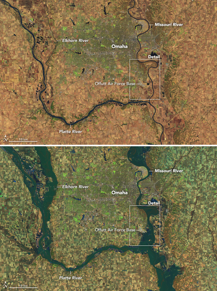 Nebraska has been particularly hard hit by historic floods in the wake of an intense winter storm. On March 16, 2019, the Operational Land Imager (OLI) on Landsat 8 captured a false-color image that underscores the extent of the flooding on the Platte, Missouri, and Elkhorn Rivers. For comparison, the first image is from March 20, 2018 and the second image shows the same area on March 16, 2019.