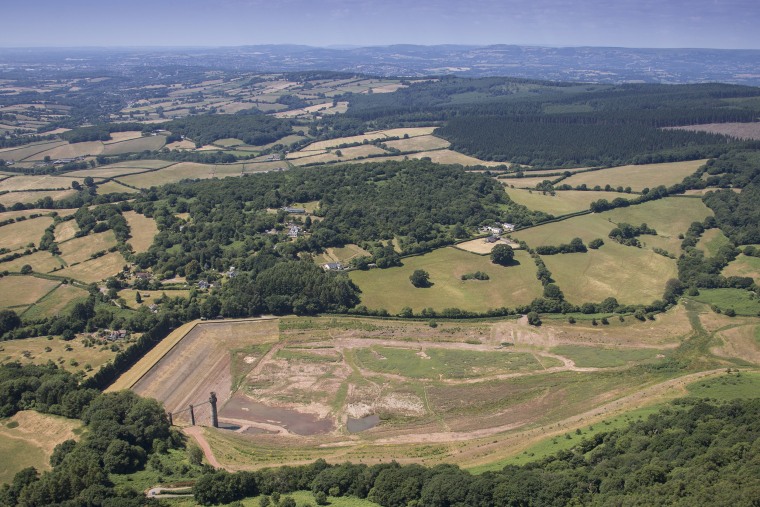 Image: Aerial view of an empty Wentwood Reservoir, South Wales