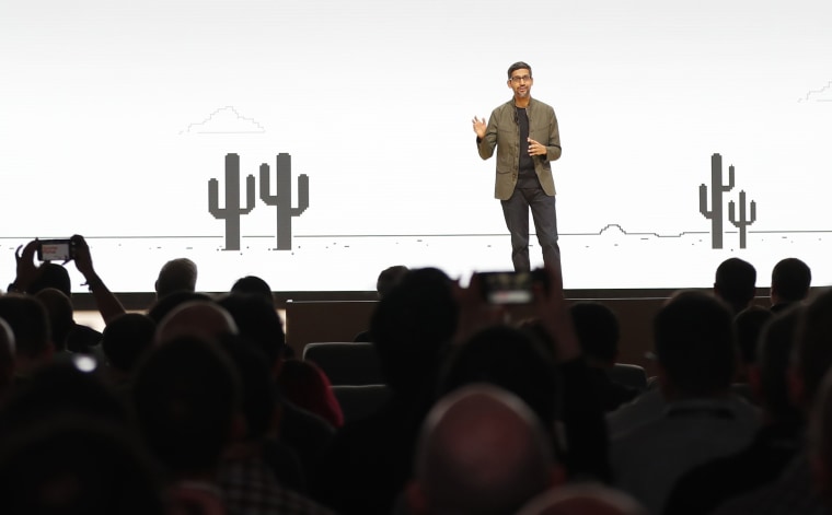 Image: Google CEO Sundar Pichai speaks during the Google keynote address at the Gaming Developers Conference in San Francisco