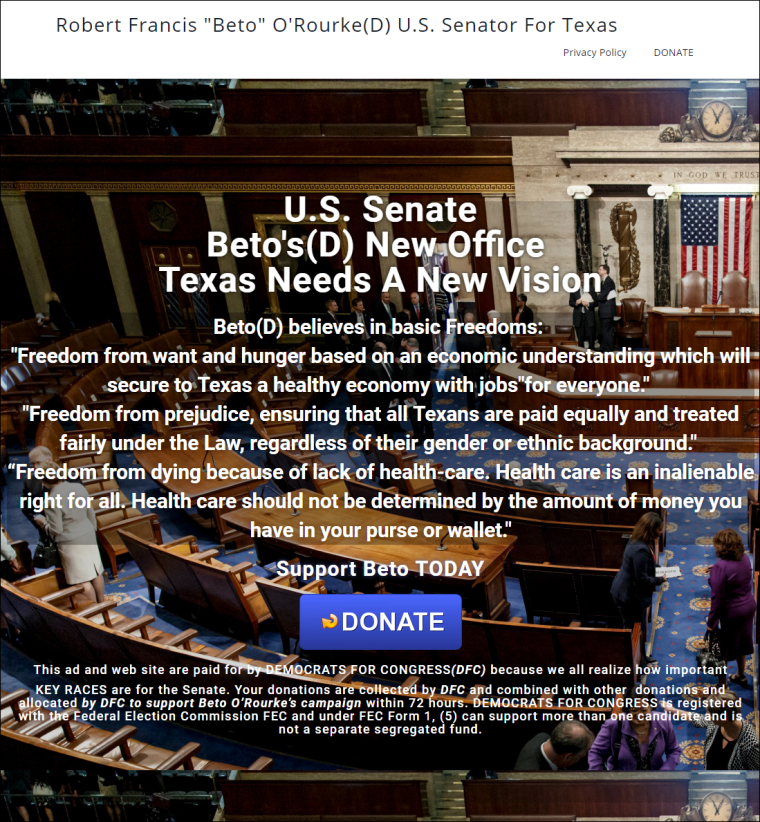 A fraudulent website was set up to look like it was in support of Democrat Beto O'Rourke's Senate campaign.