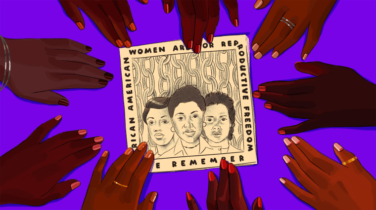 Illustration of women's hands reaching toward an abortion rights pamphlet.