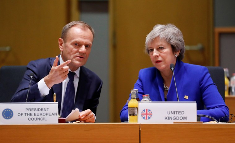 Image: British Prime Minister Theresa May and European Union Council President Donald Tusk during the extraordinary EU leaders summit to finalise and formalise the Brexit agreement in Brussels, Belgium