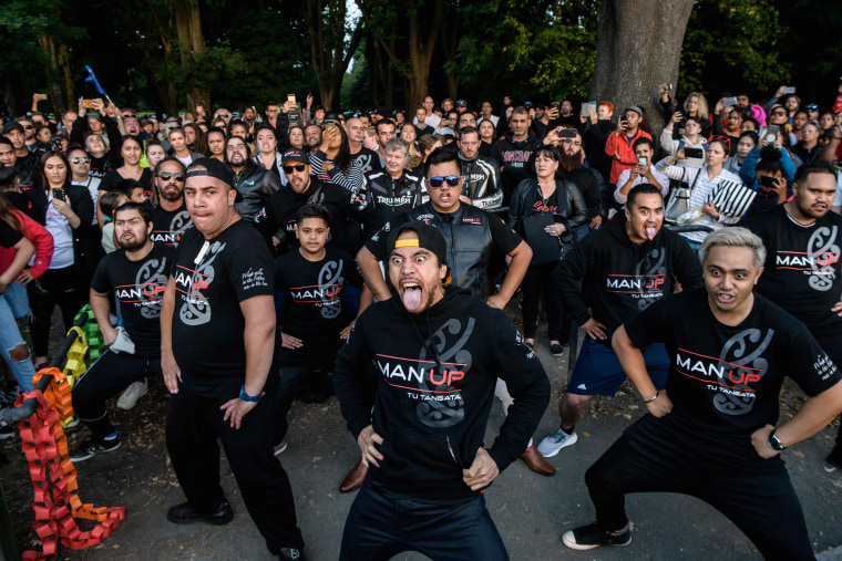 Image: Members of different biker gangs perform the haka 