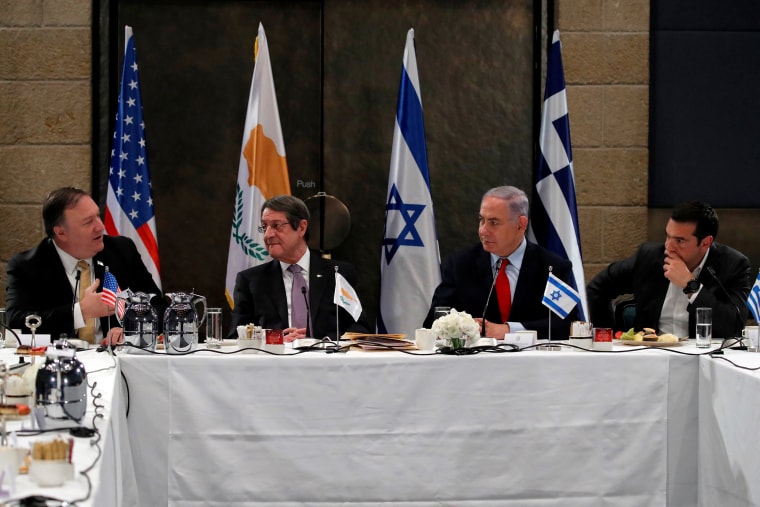 Image: Israeli Prime Minister Benjamin Netanyahu sits with U.S. Secretary of State Mike Pompeo, Greek Prime Minister Alexis Tsipras and Cypriot President Nicos Anastasiades during their meeting in Jerusalem