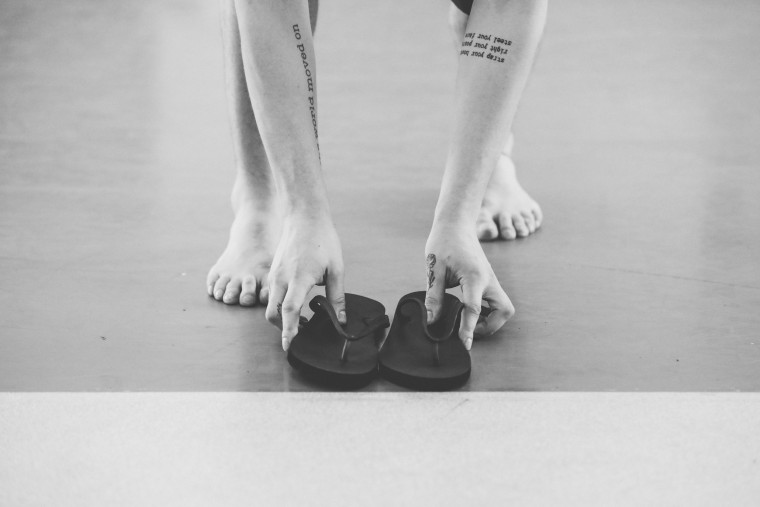 A Ballet Hispánico dancer rehearsing with Chinelas, shoes featured in Bennyroyce Royon's new work "Homebound/Alaala."