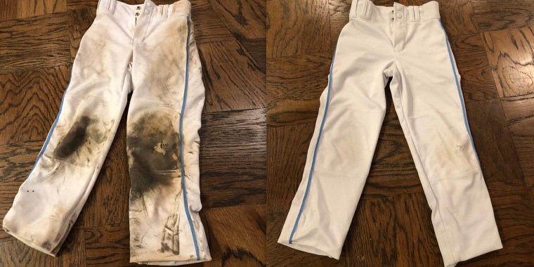The aforementioned pants before and after the harrowing experience of cleaning with Out. 