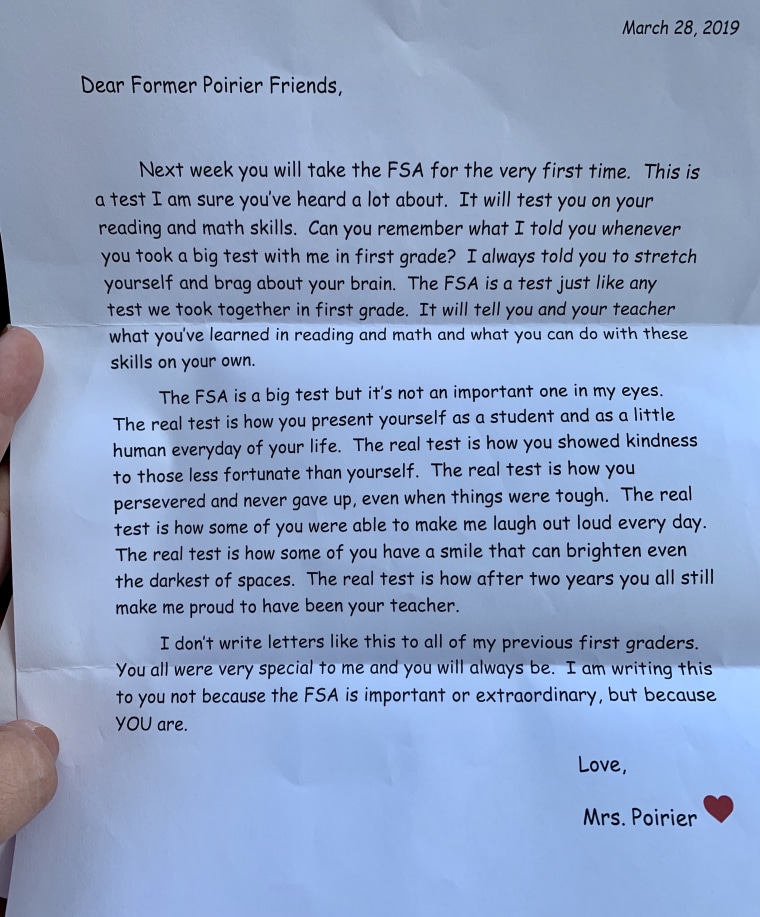 Poirier's note to her former first grade students encouraged them to focus on characteristics like perseverance and kindness, rather than worry about a standardized test score.