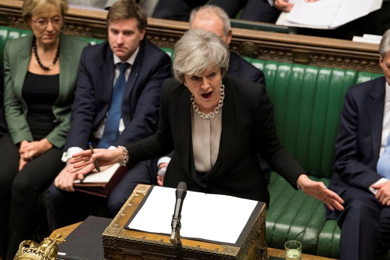 Image: Britain's Prime Minister Theresa May speaks during a debate on her Brexit 'plan B' in Parliament