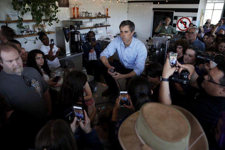 Image: Democratic presidential candidate Beto O'Rourke speaks at a campaign stop at a coffee shop in Las Vegas on March 24, 2019.
