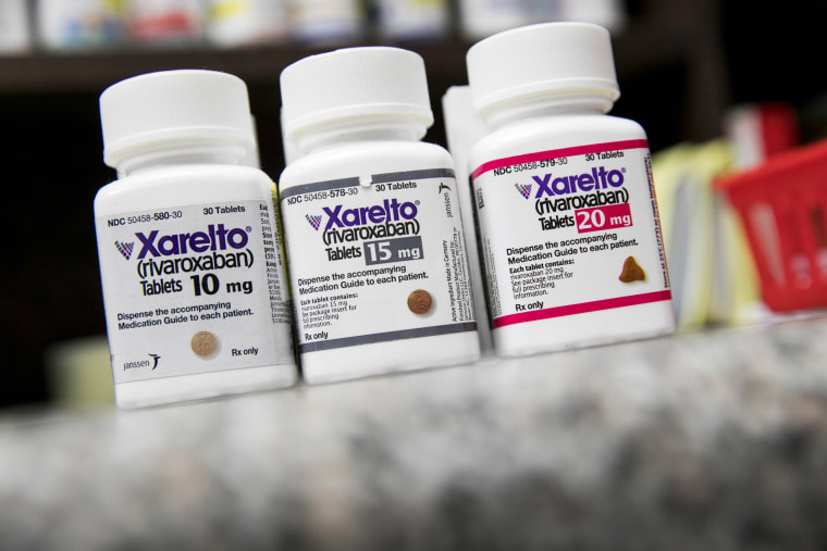 Image: Bottles of Xarelto (Rivaroxaban) prescription pharmaceuticals photographed in a pharmacy in Remington, Virginia