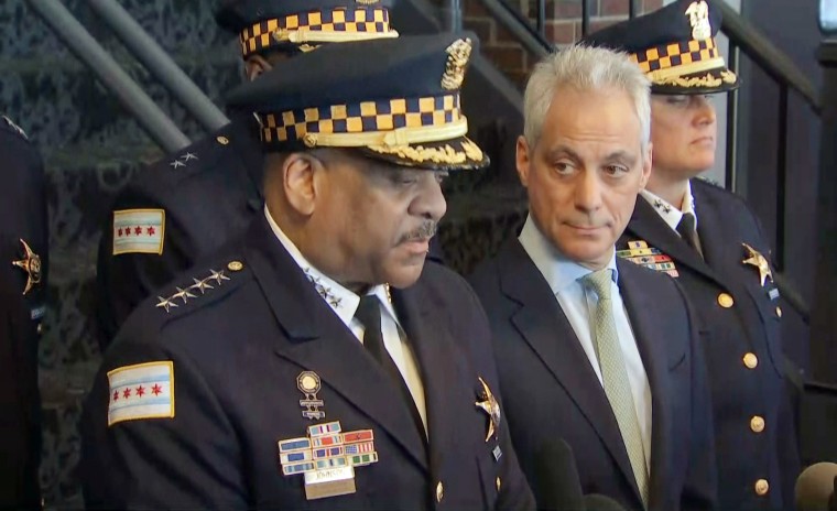 Chicago Police Department Superintendent Eddie Johnson and Mayor Rahm Emanuel speak at a press conference on the Jussie Smollett case on March 26, 2019.