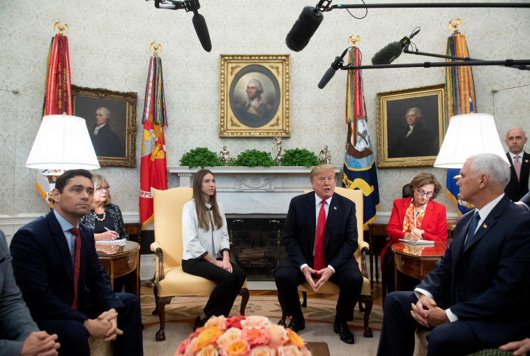 Image: President Donald Trump meets with Fabiana Rosales, the wife of Venezuelan opposition leader Juan Guaido, at the White House on March 27, 2019.