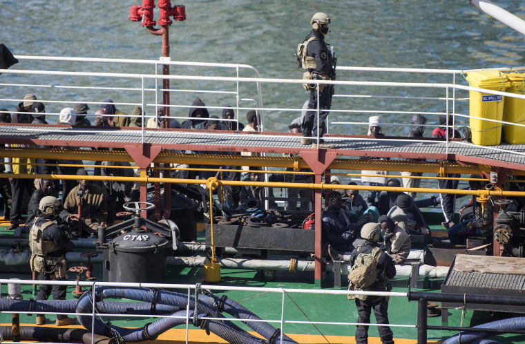 Image: Armed forces stand onboard the Turkish oil tanker El Hiblu 1, which was hijacked by migrants, in Valletta, Malta